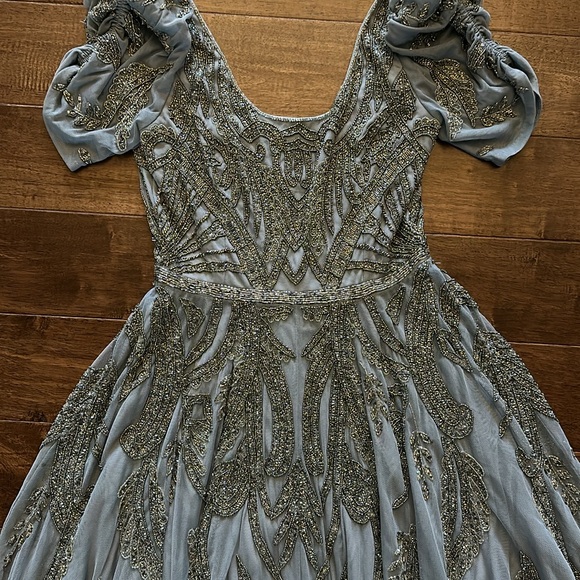 Mac Duggal 5434 Short Sleeve Silver Slate Blue Beaded Tea Length Dress Sz 8 NWT - Picture 12 of 14